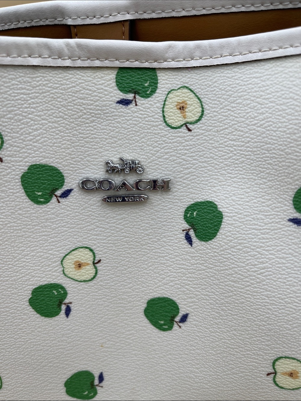 Coach White Leather Tote with Green Apple Motif - Picture 2 of 7